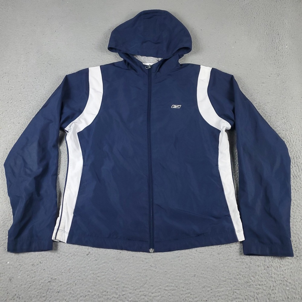 Reebok Jacket Womens Large Blue Vintage Full Zip Windbreaker Hooded 043144
